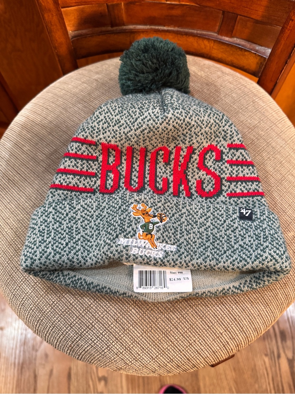 47 Kids Milwaukee Bucks Knit Pom Beanie - Green with Red Accents
